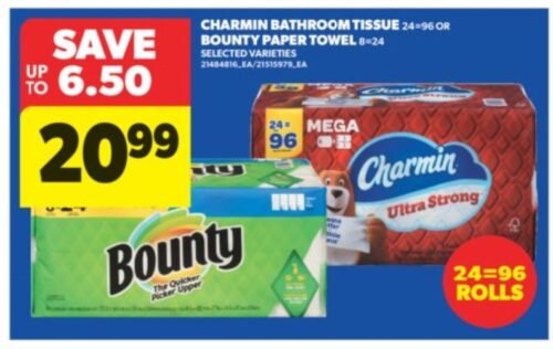 Charmin Ultra Strong Bathroom Tissue, 24=96 Or Bounty Paper Towel 8=24 Roll