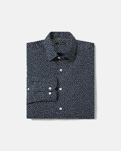 Navy Slim-fit Dress Shirt With Geo Lines