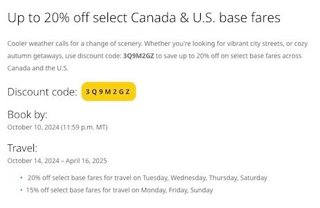 WestJet – Canada & US Offers –  Upto 20% Off –  October 2024