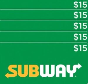 Subway Five Restaurant $15 E-gift Cards ($75 Value) Subway Five Restaurant $15 E-gift Cards ($75 Value)