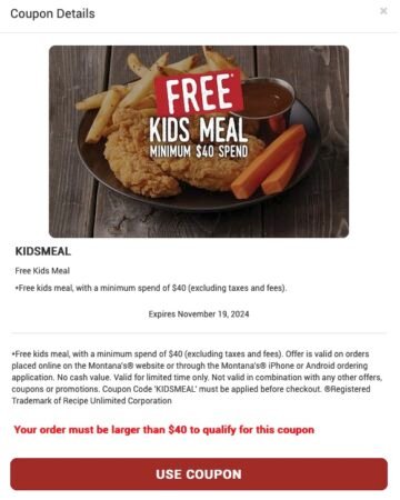 Montana’s – Free Kids Meal Coupon – Online/ Mobile App Orders Only