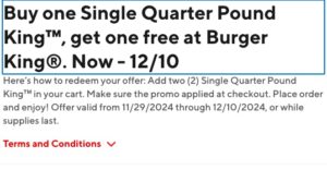 DoorDash – Burger King – Buy 1 Single Quarter Pound King, Get 1 free DoorDash – Burger King – Buy 1 Single Quarter Pound King, Get 1 free