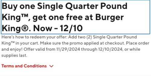 DoorDash – Burger King – Buy 1 Single Quarter Pound King, Get 1 free