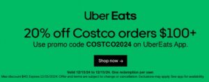 Uber Eats – 20% Off Costco Orders $100+ Uber Eats – 20% Off Costco Orders $100+
